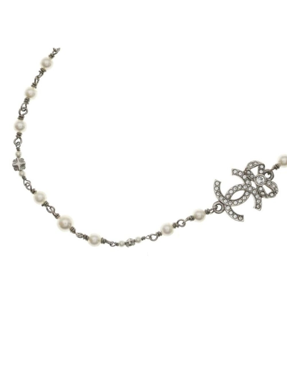 Chanel CC Logo Necklace Choker Pearl Rhinestone Ribbon Silver